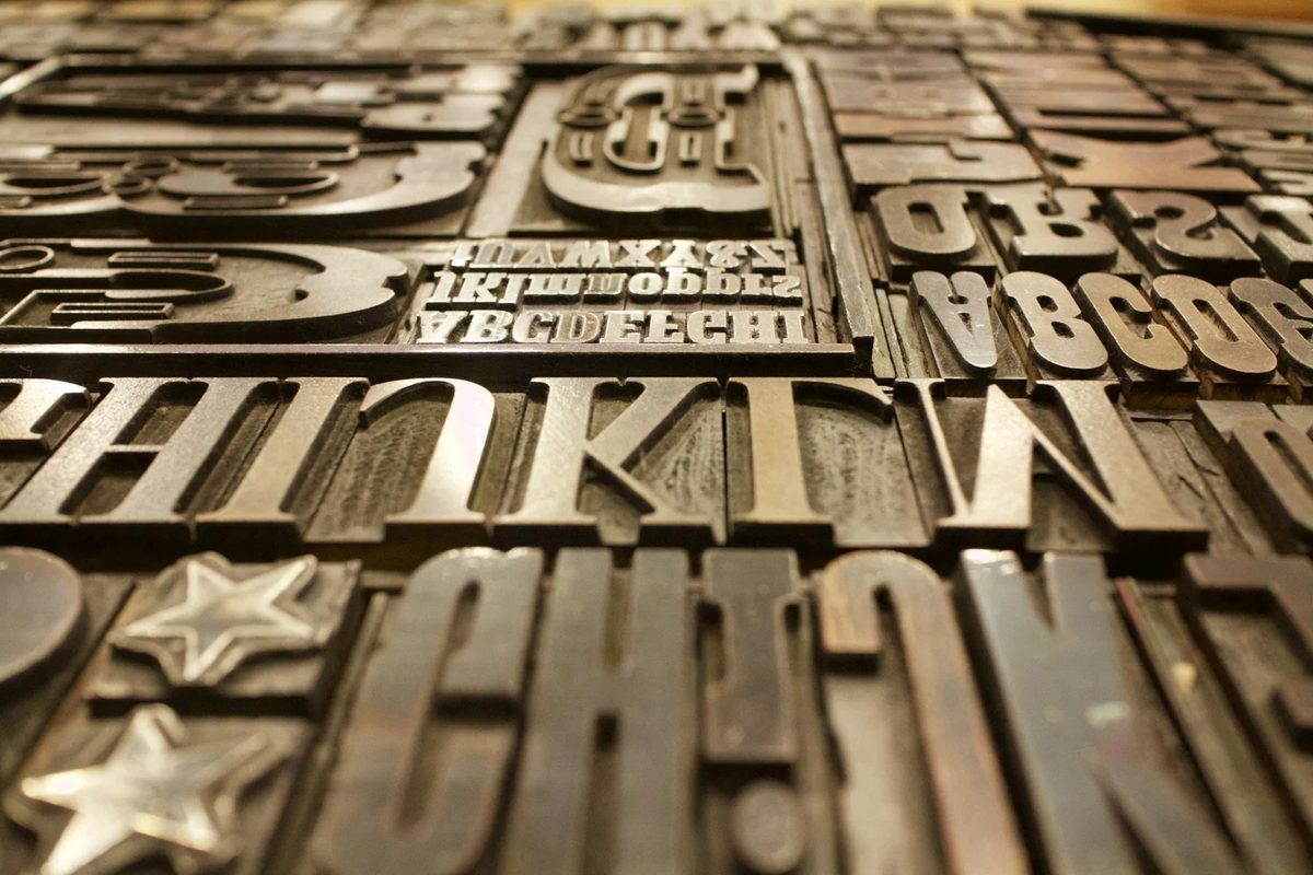close-up of assorted metal letterpress type